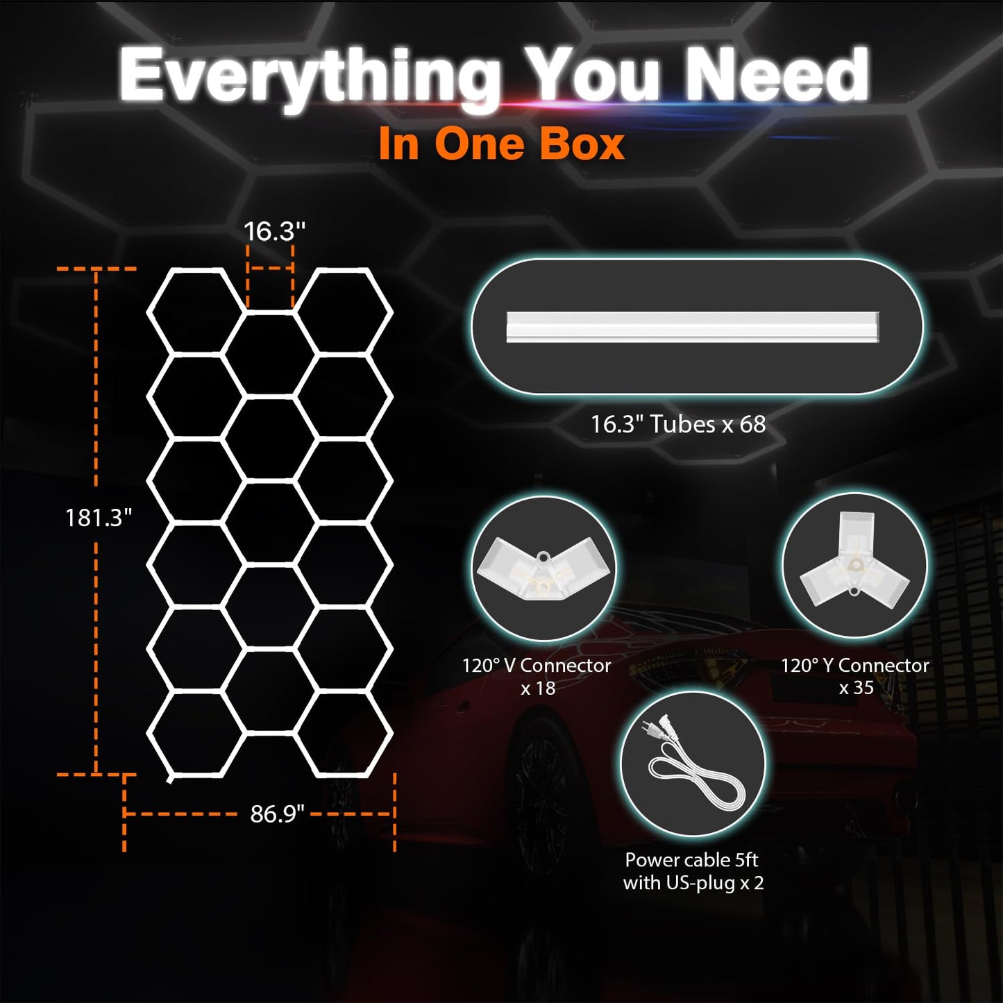 Litezone Hexagon Garage Lights : 3 Level Dimmable 476W Tube 17 Grids Hexagon LED Lights - Easy Install 6500K Super Bright Hex Lights for Warehouse, Car Detailing Shop, Exhibition Hall, Gym
