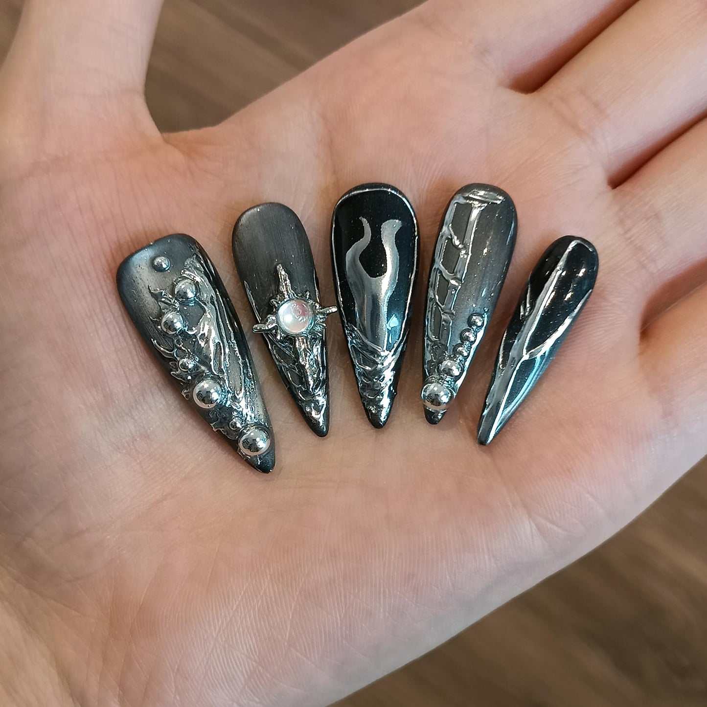 TENPAL Cat Eye Black & Mirror Powder Gradient Obsidian Press on Nails Long Stiletto,Hand-Painted Butterfly & Meteor Designs Fake Nails with Tools,3D Crystal Gothic Punk Nail Kit with Tools 10pcs(L)