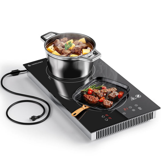 AMZCHEF Induction Cooktop 2 Burners, 12 Inch Bulit-in & Countertop Induction Stove with Plug 110V-120V, 9 Power Levels Electric Stove 1800W, Safety Lock, Timer, Touch Control for Fast Cooking