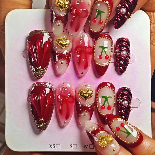 Handmade Acrylic Press On Nails Almond, Red Press On Nails Medium, Ombre Blush 3D Nails Red Chrome Cherry Bow Heart For Women Gift, Reusable Stick On Fake Nails Kit With Nail Glue(Crimson Cutie-M)