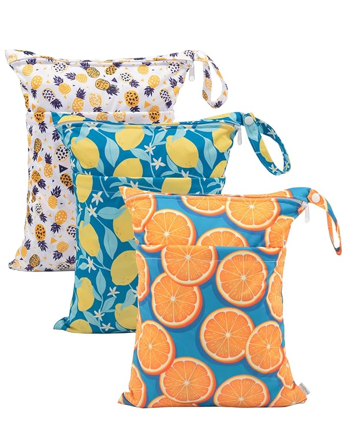 babygoal Wet Dry Bags for Baby Cloth Diapers, Washable Travel Bags, Beach, Pool, Gym Bag for Swimsuits & Wet Clothes with Two Zippered Pockets 3 Pack, 3LN22