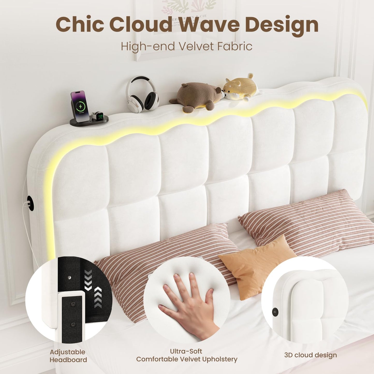 CypBed Queen Size Bed Frame with 4 Storage Drawers & LED Lights, Velvet Upholstered Platform Bed Frame with Charing Station and Adjustable Headboard, Wood Slats Support, No Box Spring Needed, White