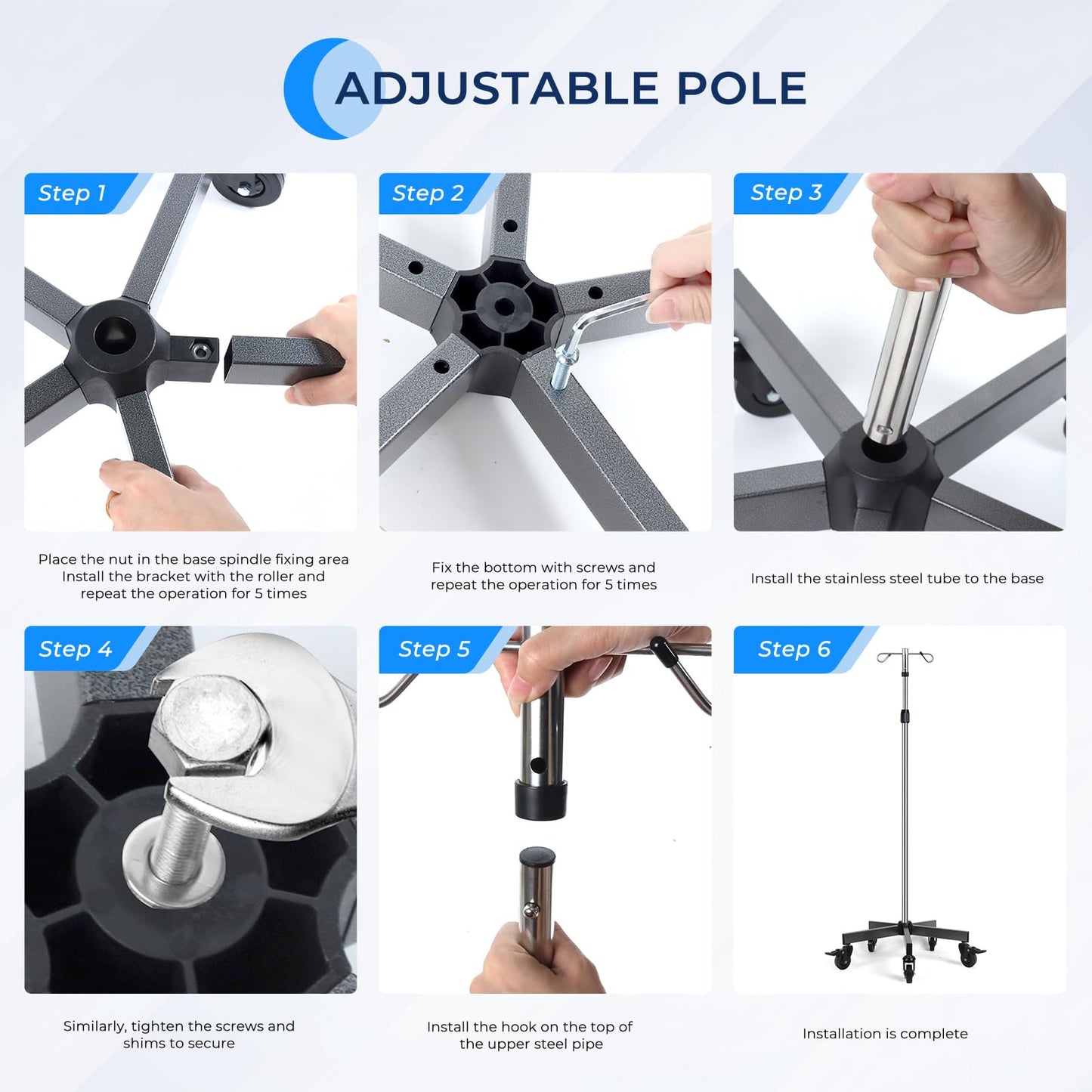 Konmee 2 PCS IV Poles IV Stands Portable Rolling 2 Hook 5 Legs Adjustable Height with Brake Wheels, Stainless Steel