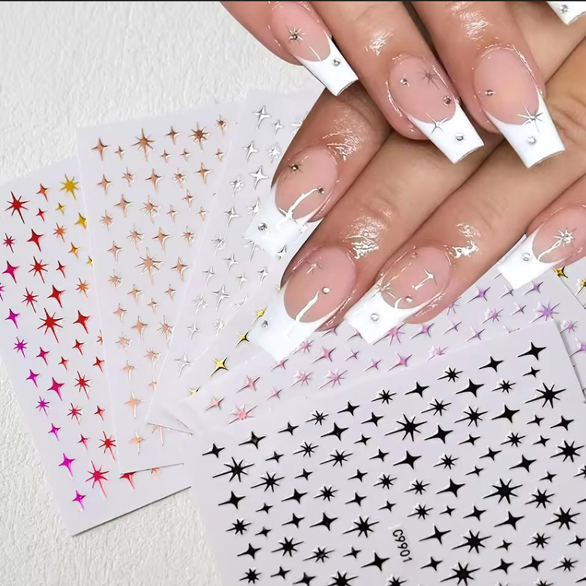 Star Nail Art Sticker 3D Glitter Metallic Laser Starlight Nail Stickers Silver Star Champagne Gold Black Shiny Sparkle Star Nail Tip Foil Adhesive Decals for Woman DIY French Manicure Accessories 6pcs
