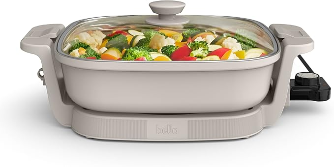 bella Make & Take Electric Skillet, Fits-anywhereâ¢ kitchenware, EverGoodâ¢ Ceramic Coating, Adjustable Temperature & Dishwasher-Safe Tempered Glass Lid, Cast Aluminum Base, 1200 Watt, Oatmilk