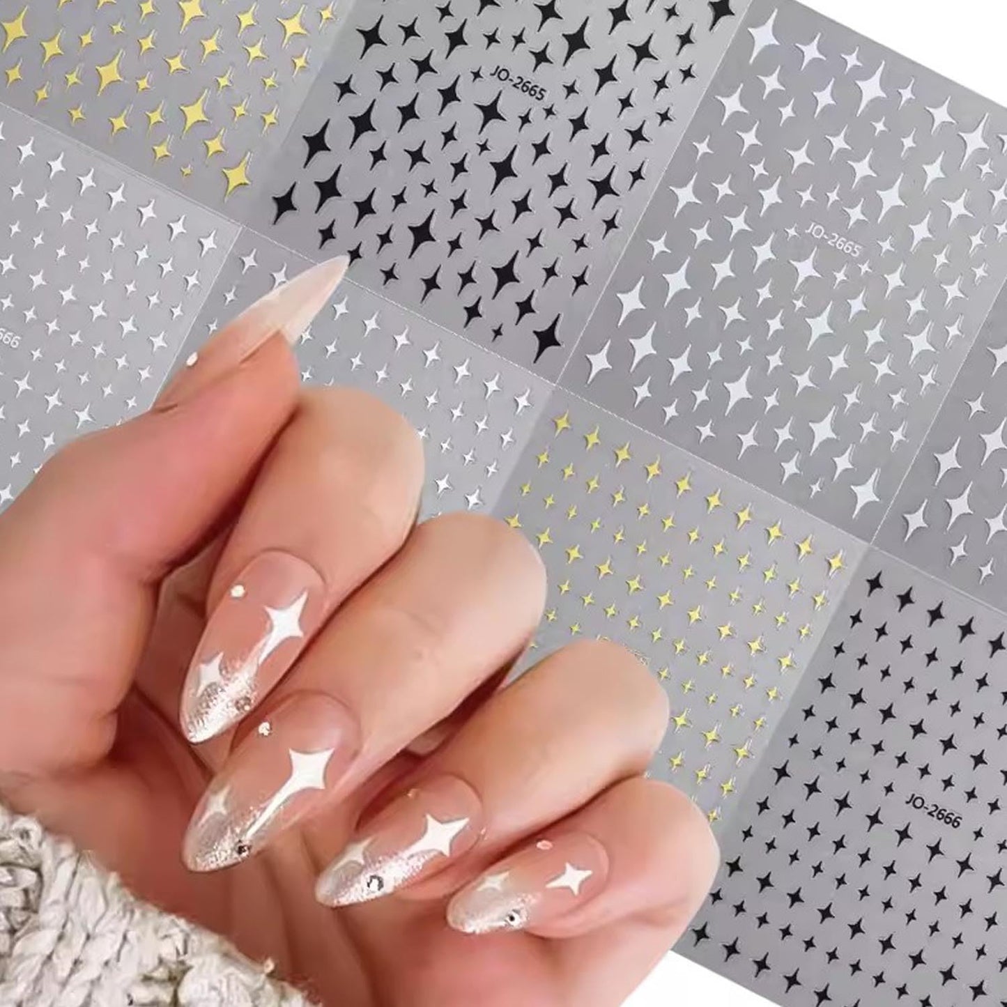 8Sheets Star Nail Stickers for Nail Art 3D Glitter Star Shiny Gold Silver White Black Stars Nail Art Sticker Star Light Nail Design Nail Supplies Stars Sticker for Women DIY French Manicure Decoration