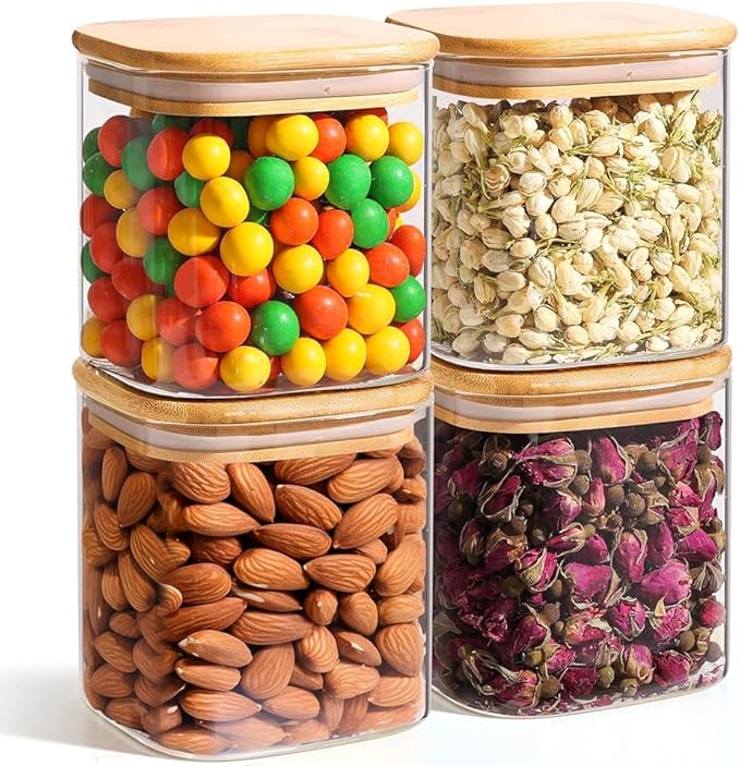 ComSaf 0.7 Qt Glass Food Storage Jars Set of 4, Clear Glass Storage Containers with Lids, Pantry Organization Jar, Spice Jar, Blooming Tea, Coffee and Sugar Container, Small Canister Set for Kitchen