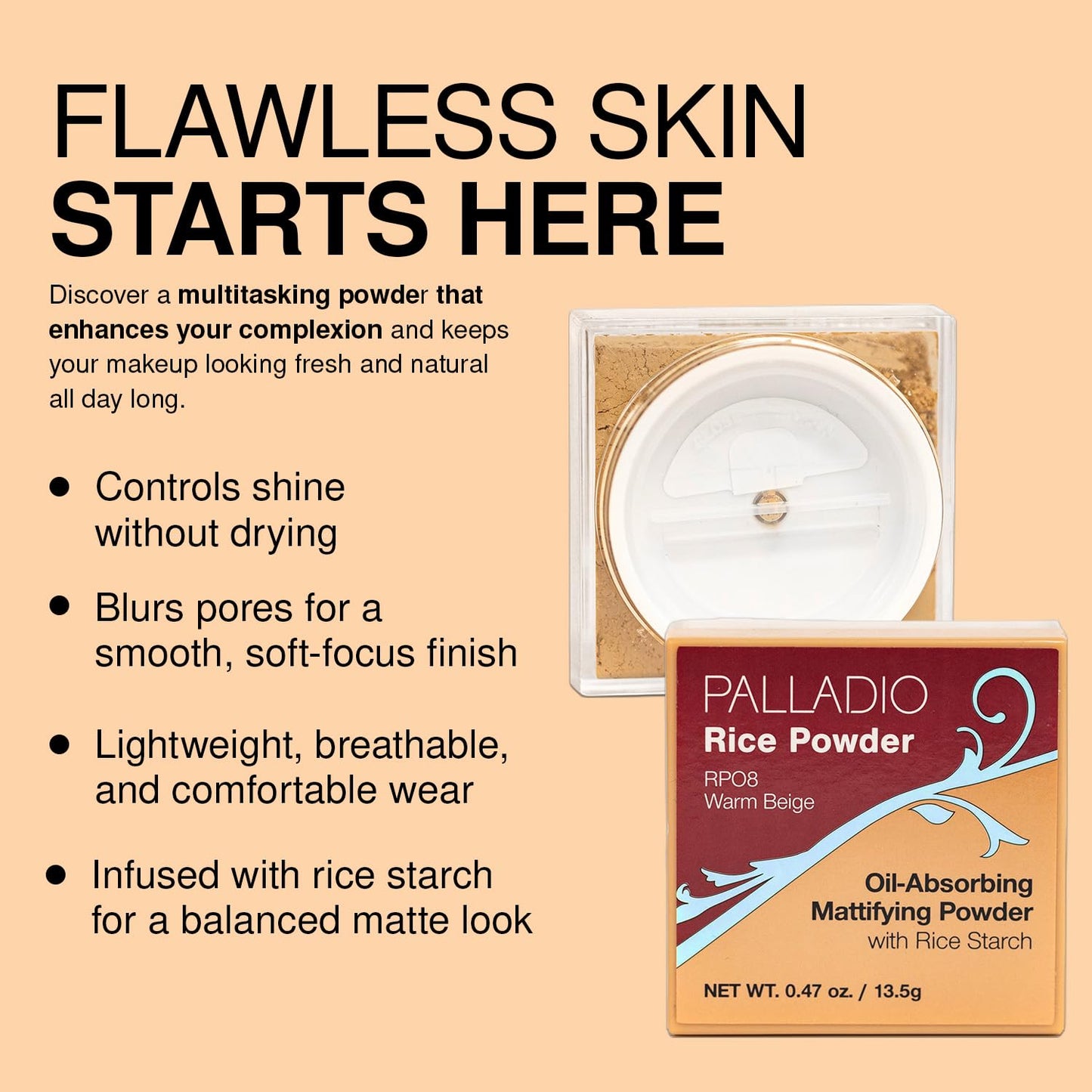 Palladio, Rice Powder Loose Setting Powder Absorbs Oil Leaves Face Looking and Feeling Smooth Helps Makeup Last Longer For a Flawless Fresh Look, Warm Beige, 0.6 Ounce