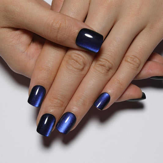 Stbisen Dark Blue Press On Nails Square, Short Cat Eye Fake Nails with Color-Shifting Glow, Reusable Stick On Nails, 15 Sizes 30Pcs Thick Glue On Nails for Women Salon Quality Press Ons for Work Party