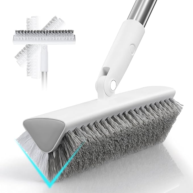 MOPALL Floor Scrub Brush with Long Handle 55", Dual-Sided Stiff Bristle Grout Brush with 180Â° Rotatable V-Shape Head, Heavy Duty Shower Cleaning for Bathroom Tile, Patio, Deck, Garage, Pool & Corner