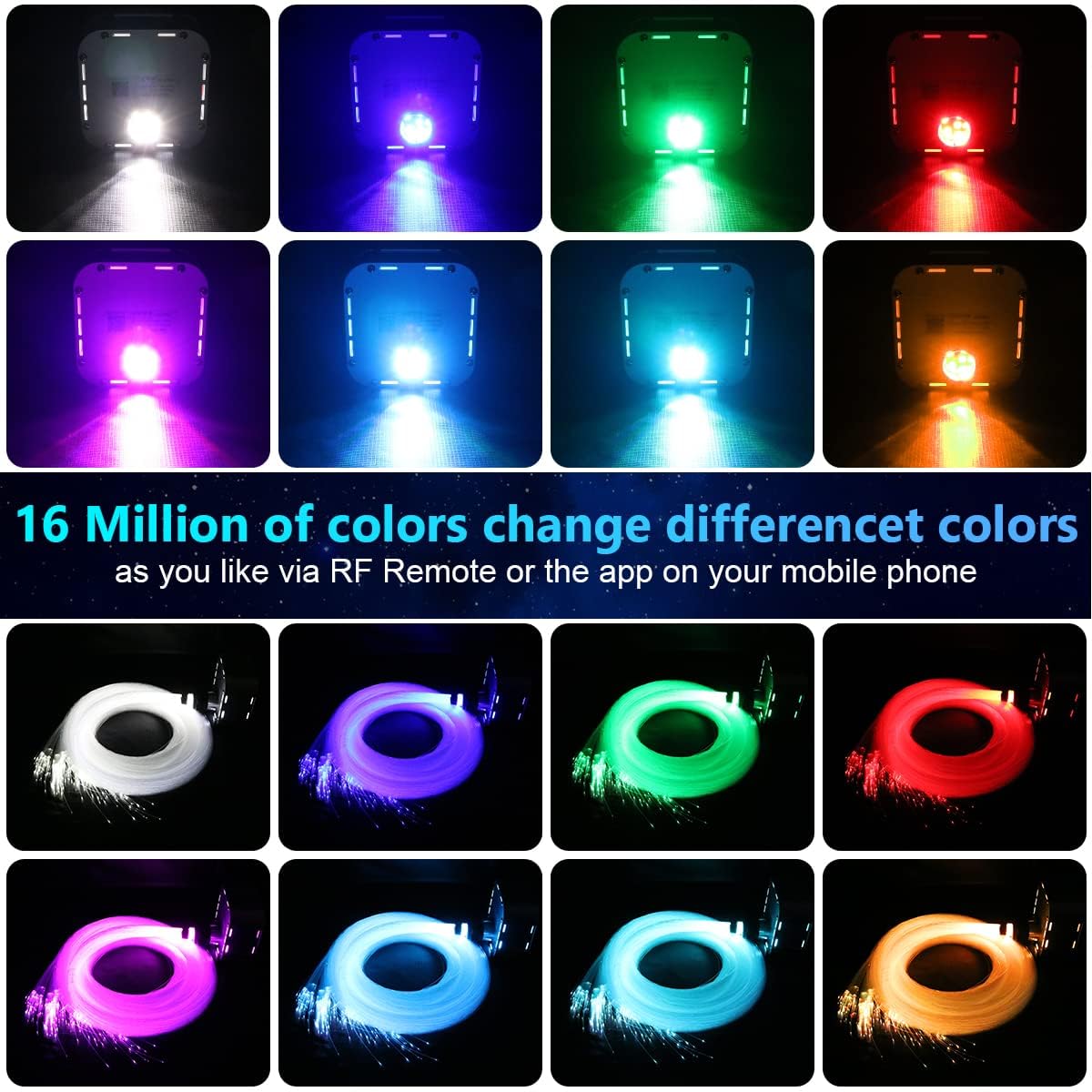 AMKI High Brightness 32W Twinkle 1000pcs Fiber Optic Starlight Headliner Kit 0.03in 16.4ft Fiber Strands RGBW Sound Activated APP Remote Control for Car Home Roof Ceiling Decoration