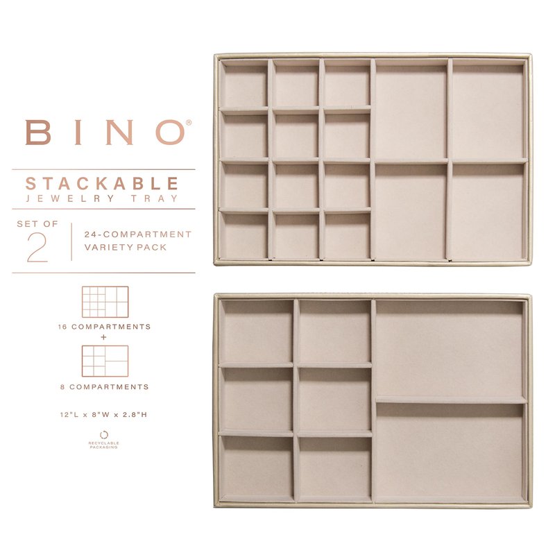 BINO | Jewelry Tray 2-Pack(Champagne) Stackable Jewelry Organizer Display | Accesories Holder and Display, Velvet Accent | Jewelry Display Case | Counter Showcase | Ring, Necklace, Bracelet, Earrings