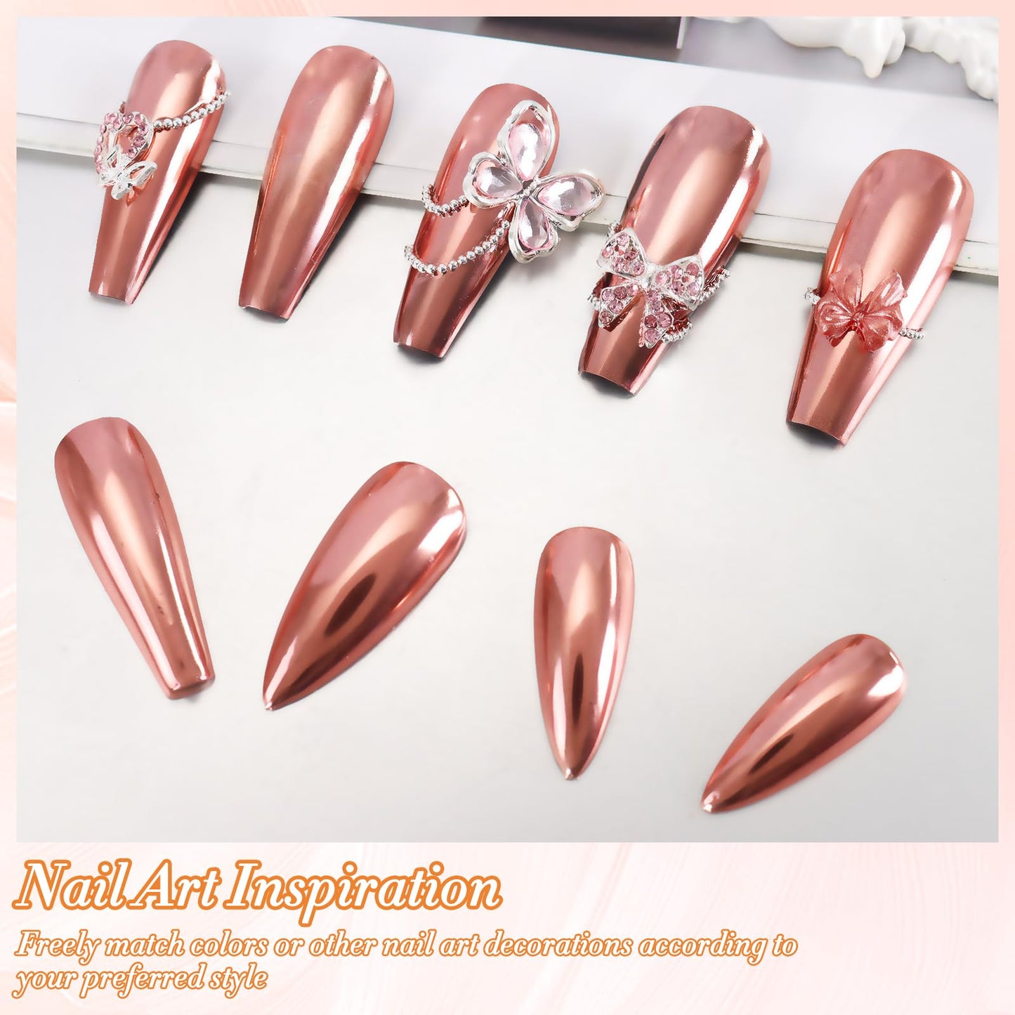 FNNZ Chrome Nail Powder, Rose Gold Metallic Nail Powder, Pigment Premium Mirror Chrome Nail Powder Mirror Effect Salon Nail Art Glitter Dust for Gel Polish Decoration Home DIY Nail Manicure