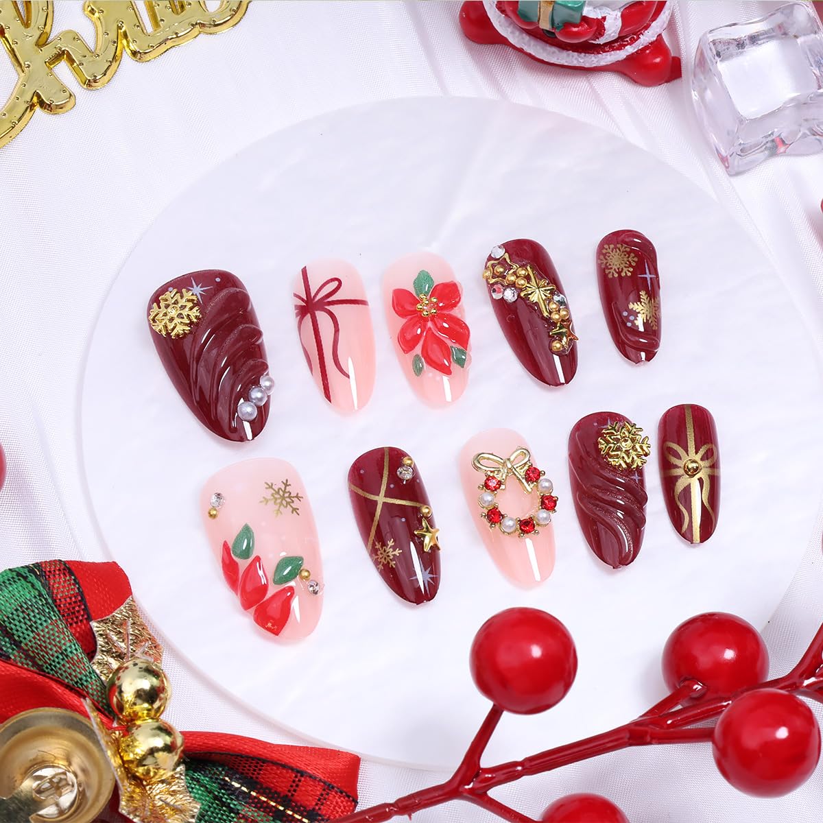 30Pcs Christmas Press on Nails Medium Almond Fake Nails Red Glitter False Nails with 3D Flower Design Gold Snowflake Star Rhinestones Stick on Nails Winter Full Cover Artificial Glue on Nail for Women