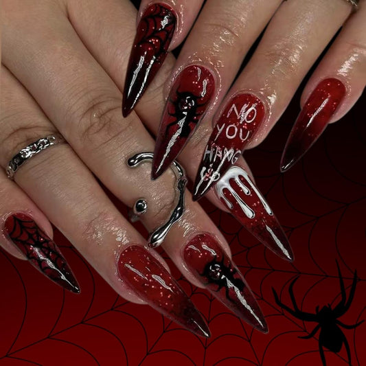 Halloween Press on Nails Medium Stiletto Fake Nails Spider and Spider Web Design Stick on Nails Vampire False Nails Red Glossy Handmade Acrylic Glue on Nail for Women Manicure 24Pcs