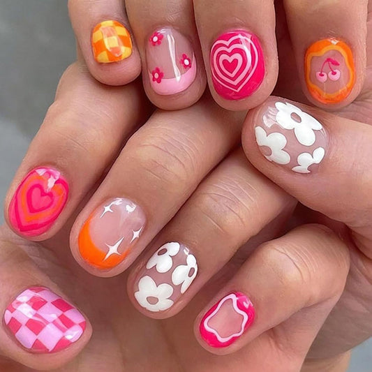 Flower Press on Nails Short Square Fake Nails with Heart Checkered Design Cute Floral False Nail Spring Stick on Nail for Women 24Pcs