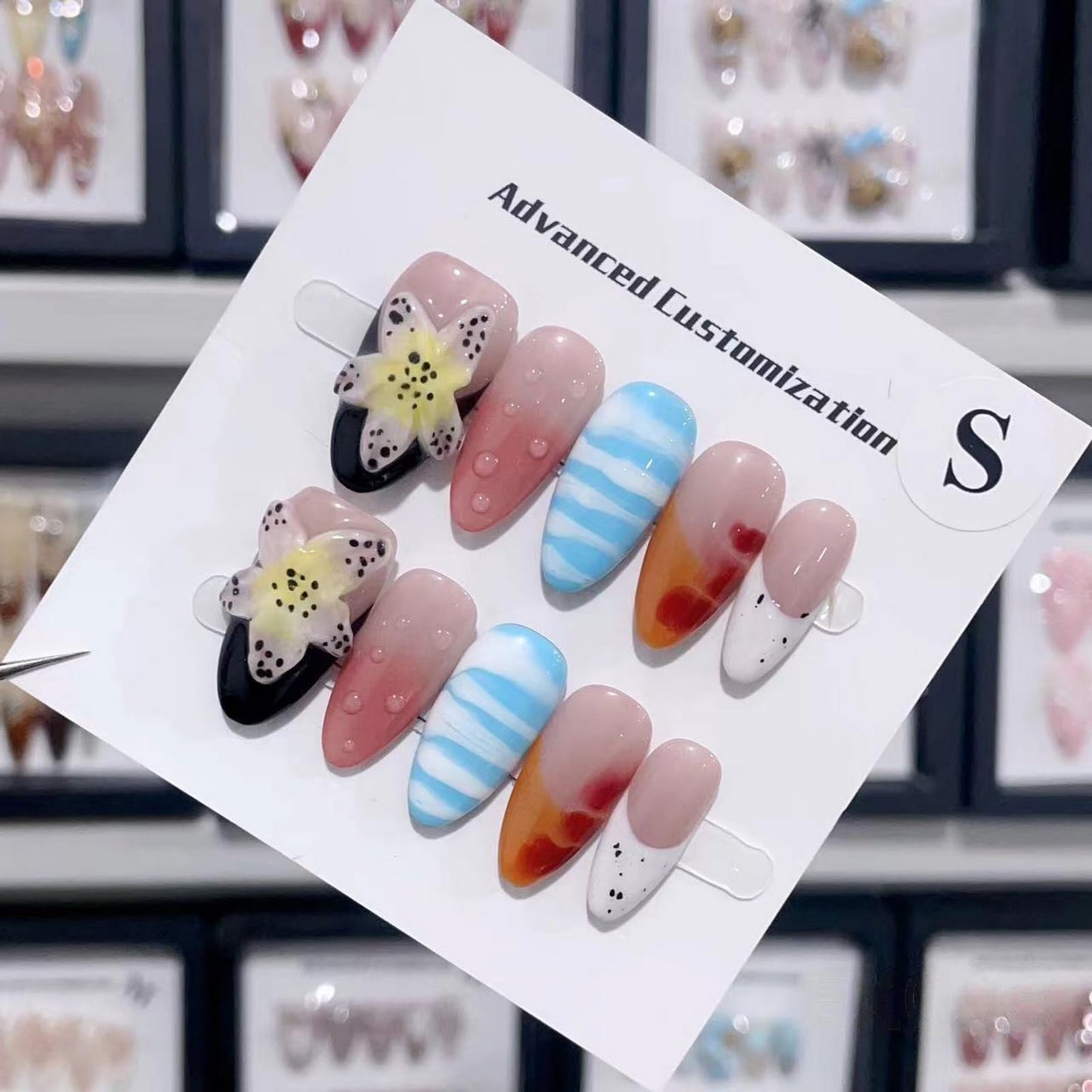 Luxury Press on Nails Medium Almond Handmade 3D Unique Reusable ABS Material Fake Nails French Tip False Nails with Designs Flower Water Drop Art Petal Glossy Glue on Thick Acrylic Nails(S)