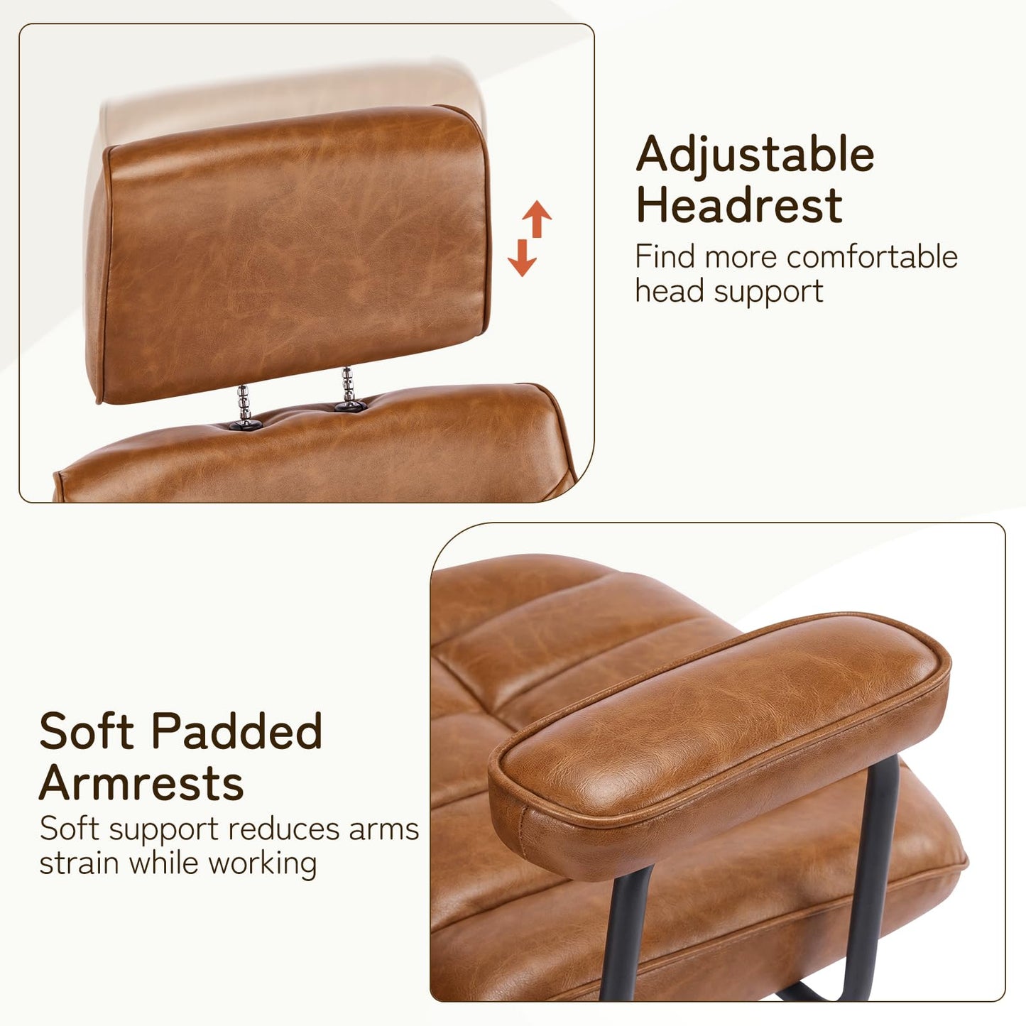 Furniliving Leather Office Chair with Adjustable Headrest, Mid-Century Modern High-Back Office Desk Chair, Ergonomic Computer Chair with Wheels, Armrests, Lumbar Support, Brown