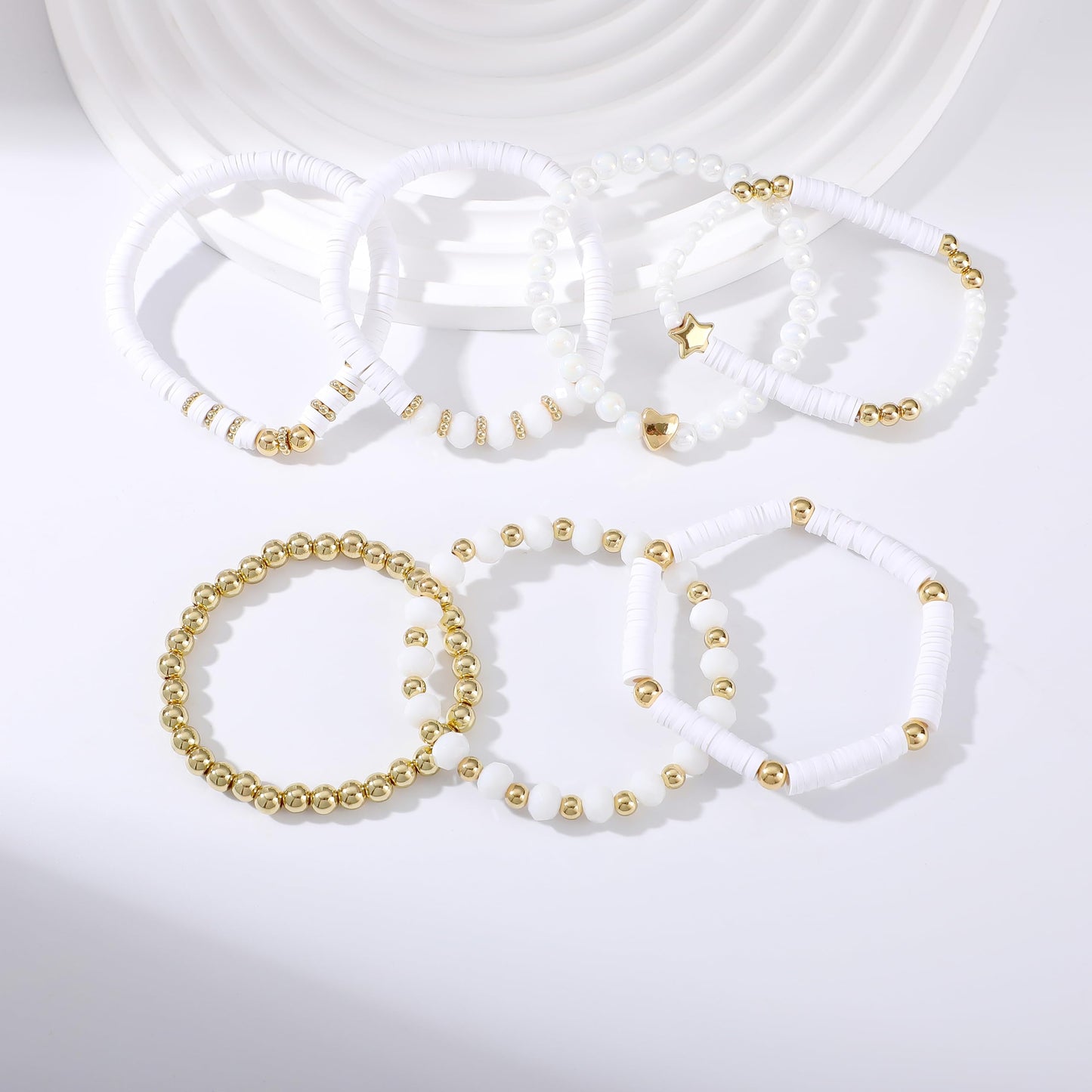 RISHEGAE Heishi Beaded Stretch Bracelets for Women Stackable Gold Polymer Clay Beads Bracelets Friendship Boho Summer Beach Bracelet Jewelry Set (F-H white)