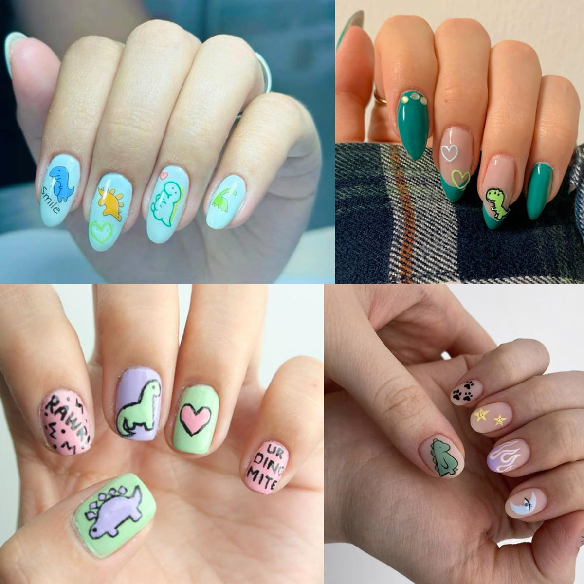 IDDFEVE Dinosaur Nail Art Stickers for Kids- Cute Cartoon Designs, 3D Self-Adhesive Heart DIY Nail Art Decals for Little Girls, Toddler (2 Sheets)