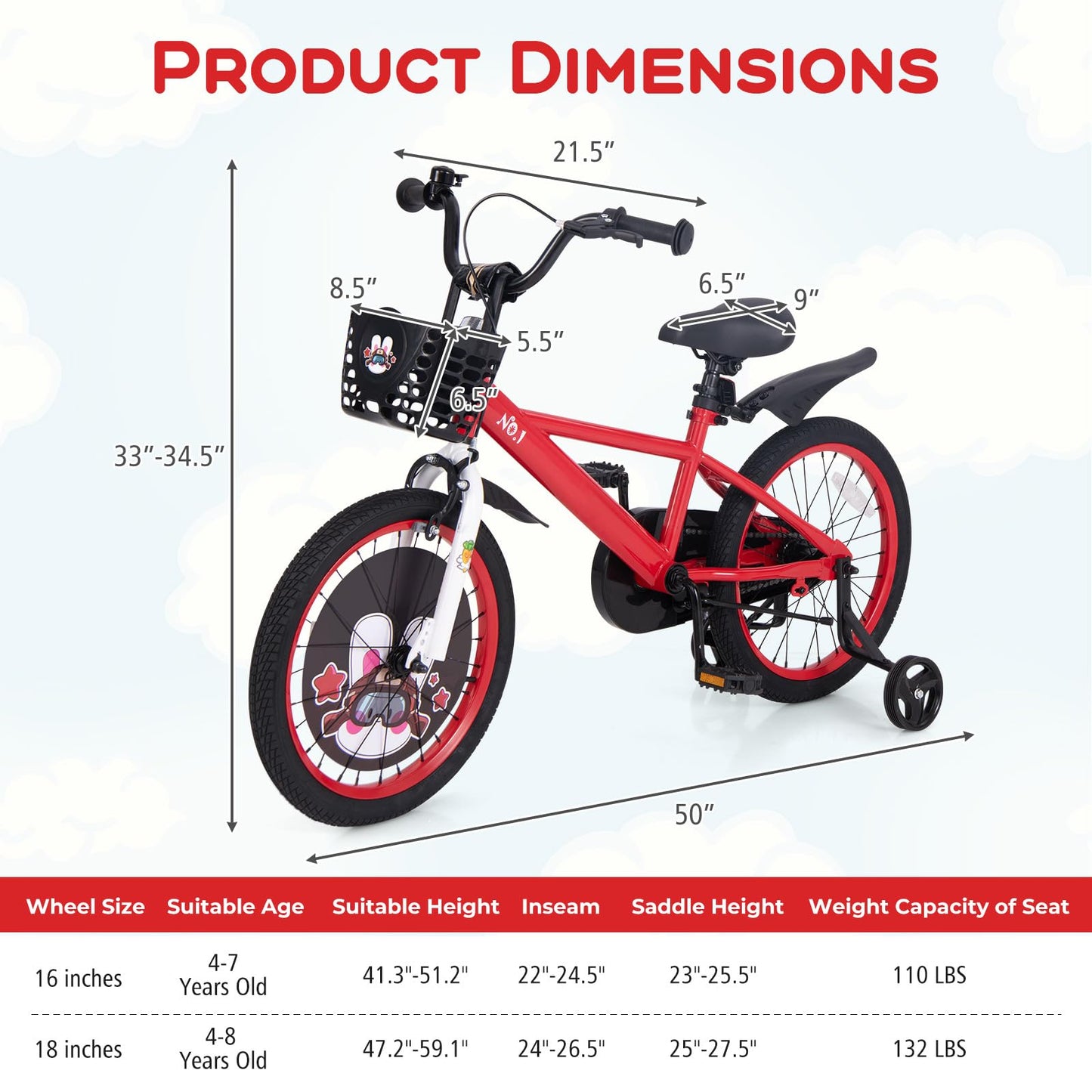 BABY JOY Kids Bike, 18 Inches Child Bike for 4-8 Years Old with Adjustable Height, Training Wheels, Storage Basket, Handbrake & Coaster Brake, Kids Bicycle for Girls Boys (Rabbit Pilot, Red)