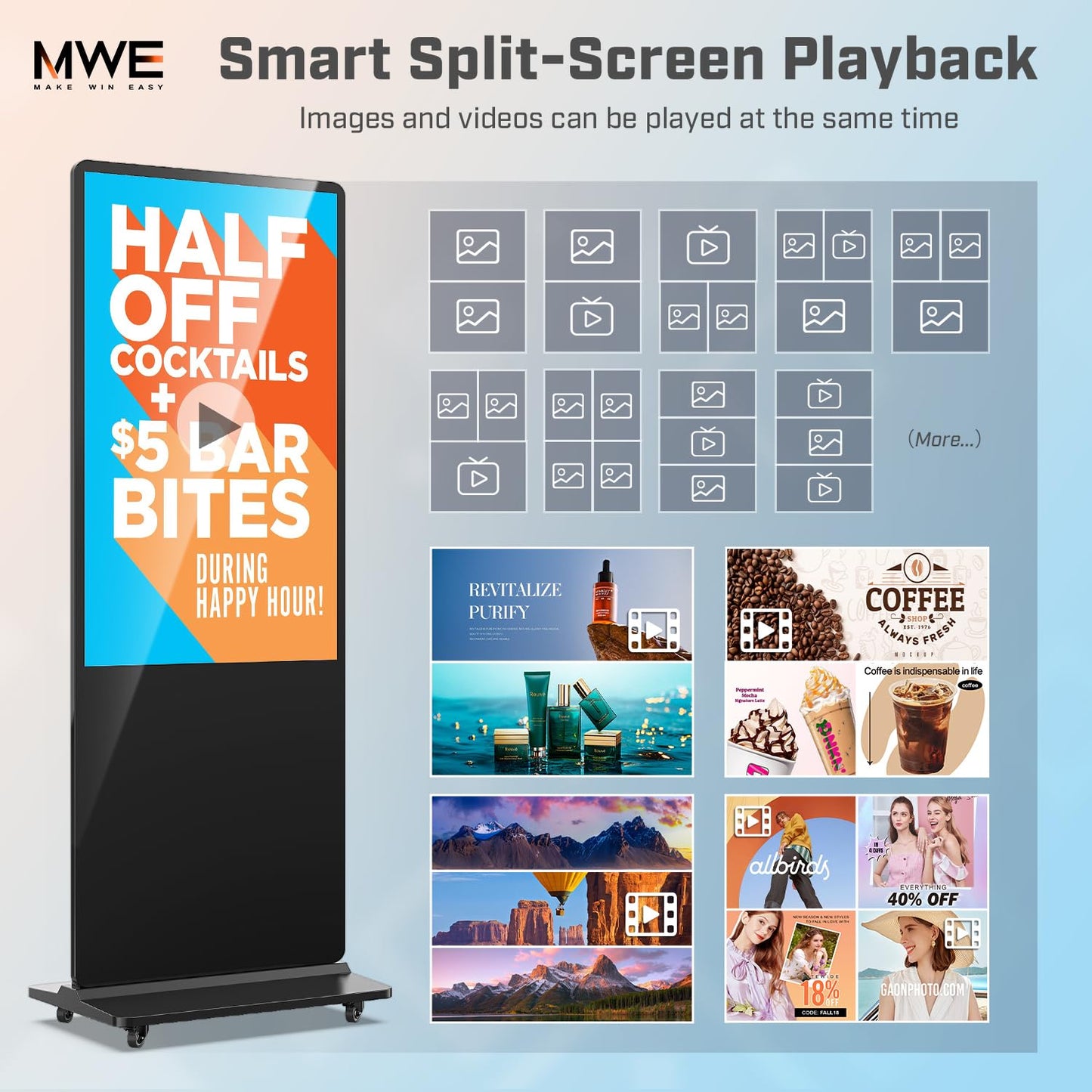 QIXZOCV MWE 37 Inch Indoor Digital Signage Display Kiosk LCD Standing Commercial Poster Multimedia Advertising Display Totem with USB/HDMI/WiFi