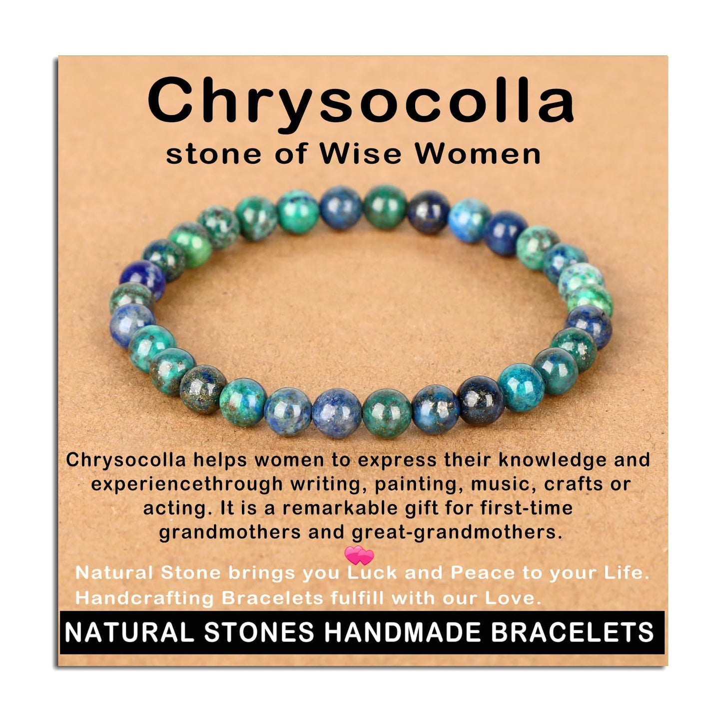 AD Beads Handmade Gemstone Stretch Elastic Bracelet Crystal Healing Reiki Nature's Beauty and Spiritual Essence Unisex (4mm, Chrysocolla (Wise Women))