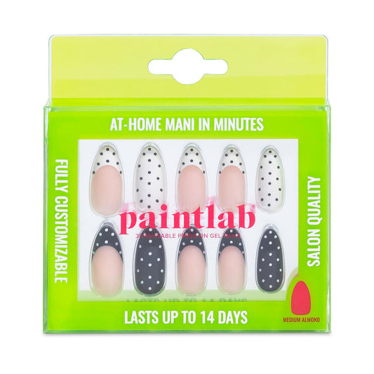 PaintLab Press On Nails - Polka Dot Couture Black & White Almond Fake Nails, 30 Nails in 15 Sizes with Glue, Reusable Salon Quality Polka Dot Press on Nails