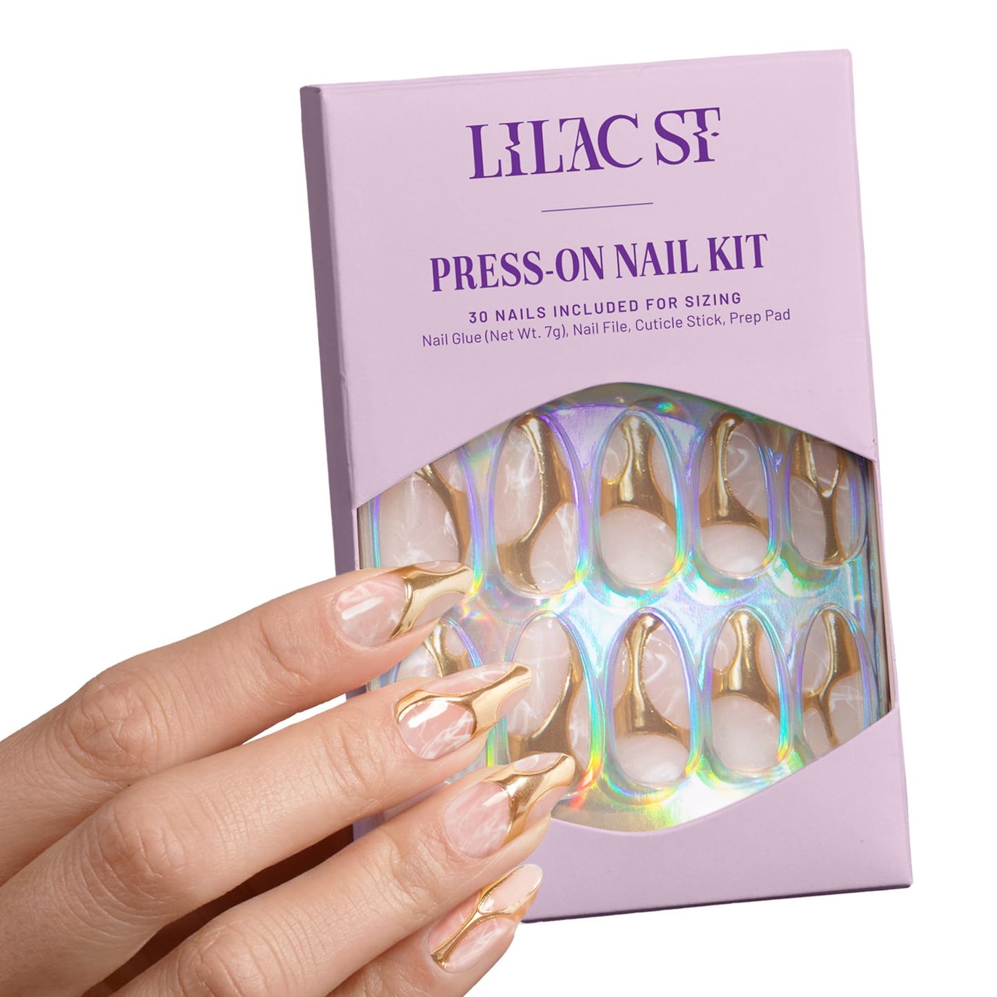 Lilac St - Press On Nails, Gold In My Veins (30 Nails, 15 Sizes) - Long, Almond, Glossy, Opaque - Brush On Nail Glue, Nail File, Cuticle Stick, Prep Pad - Reusable - Cruelty Free, Vegan, Women Founded