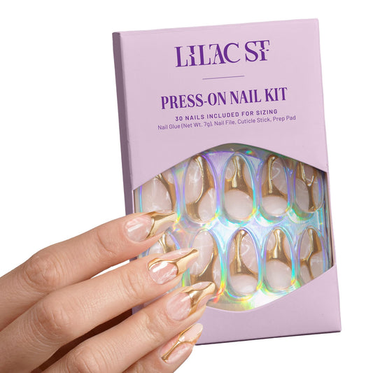 Lilac St - Press On Nails, Gold In My Veins (30 Nails, 15 Sizes) - Long, Almond, Glossy, Opaque - Brush On Nail Glue, Nail File, Cuticle Stick, Prep Pad - Reusable - Cruelty Free, Vegan, Women Founded