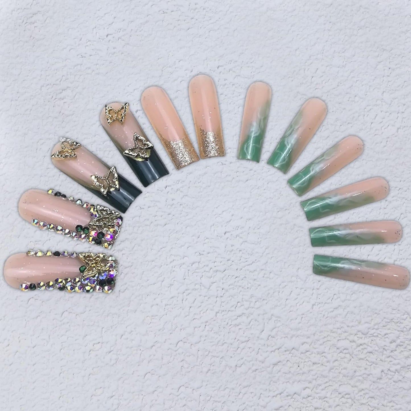 Green French Tip Press on Nails Long Coffin fake Nails Gold Glitter False Nails with Gold 3D Butterfly Designs Sparkly Artificial Nails Cute for Women Girls Nails Decoration 24 Pcs