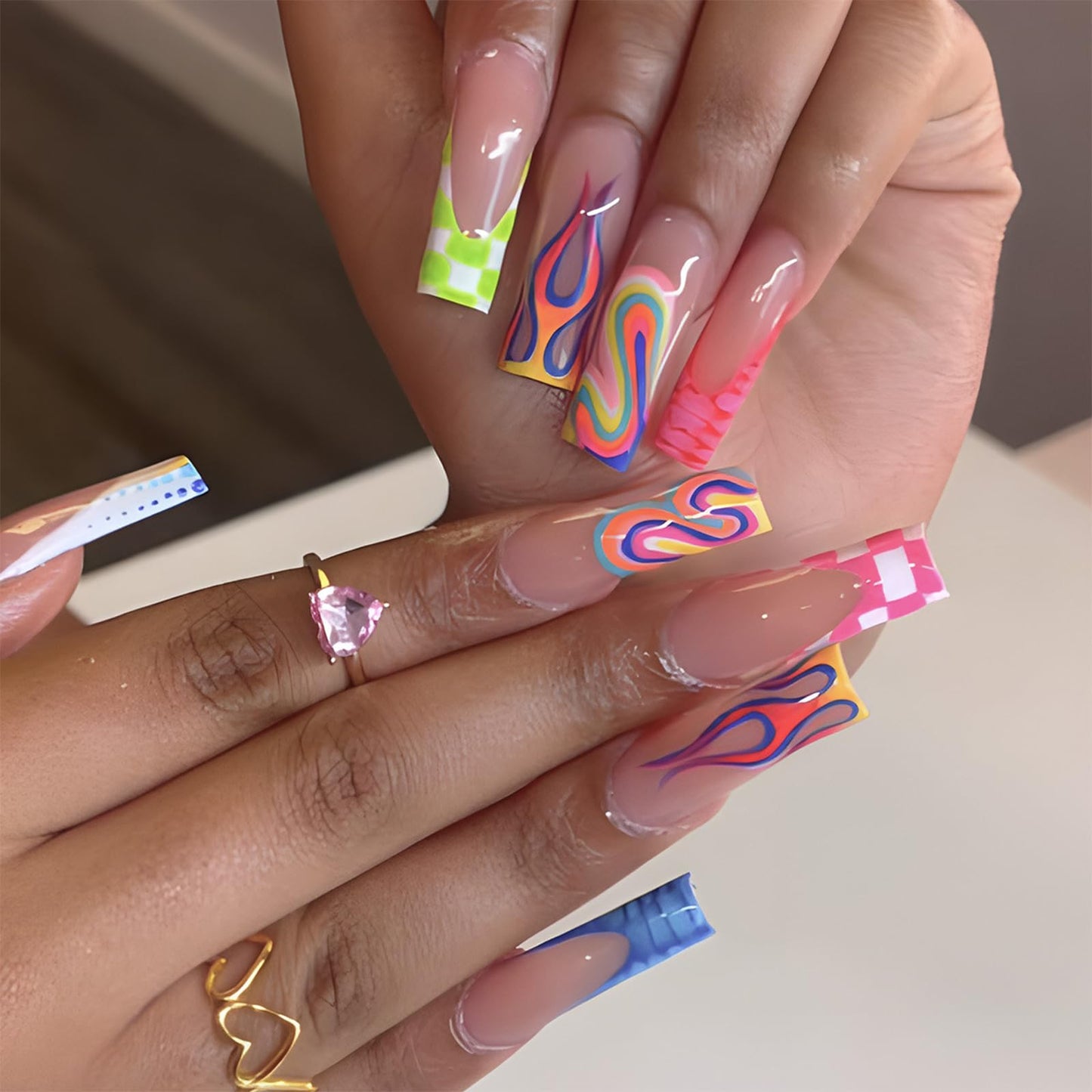 IMRAIN Press on Nails Long Square Fake Nails Colorful Flame French Tips False Nails Full Cover Squoval Glossy Acrylic Artificial Glue Stick on Nails for Women Girls 24Pcs