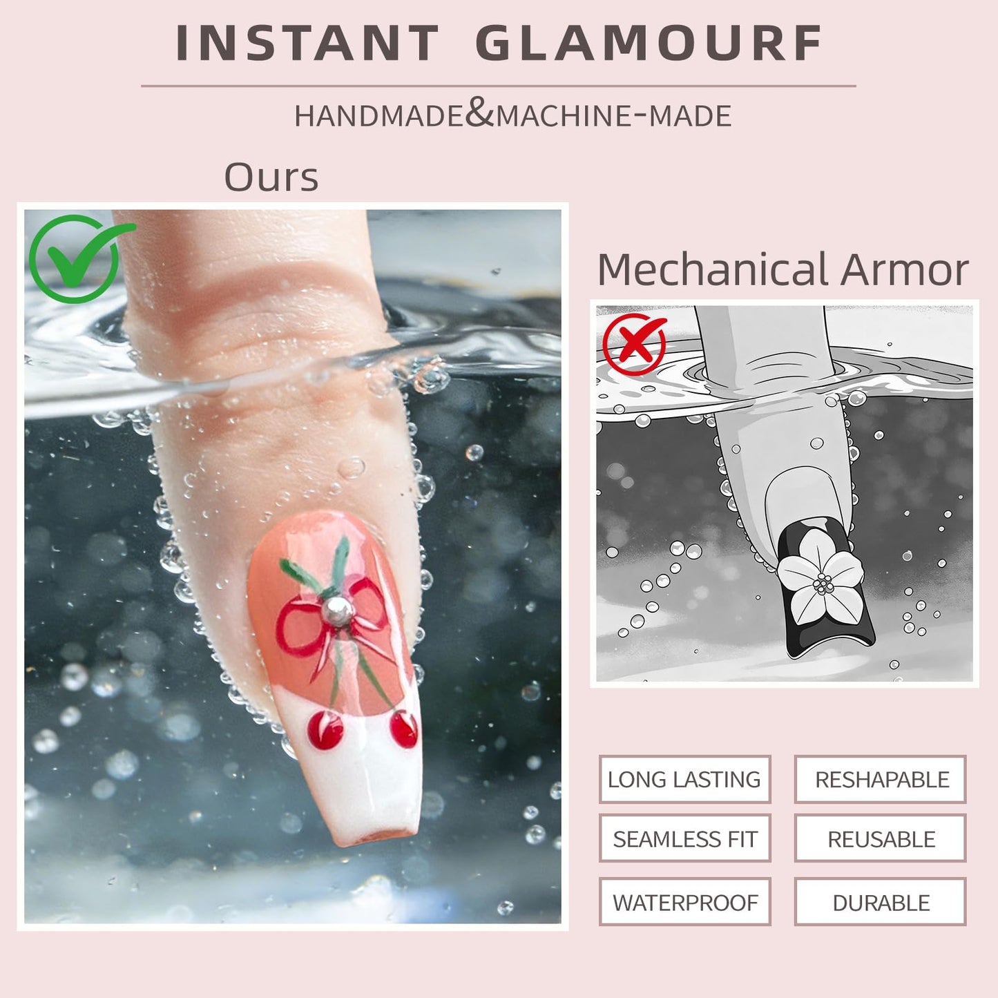 Handmade Long Square Press On Nails - 3D Flower & Cherry French Design, Reusable Acrylic Full Cover Nails (M-10PCS)