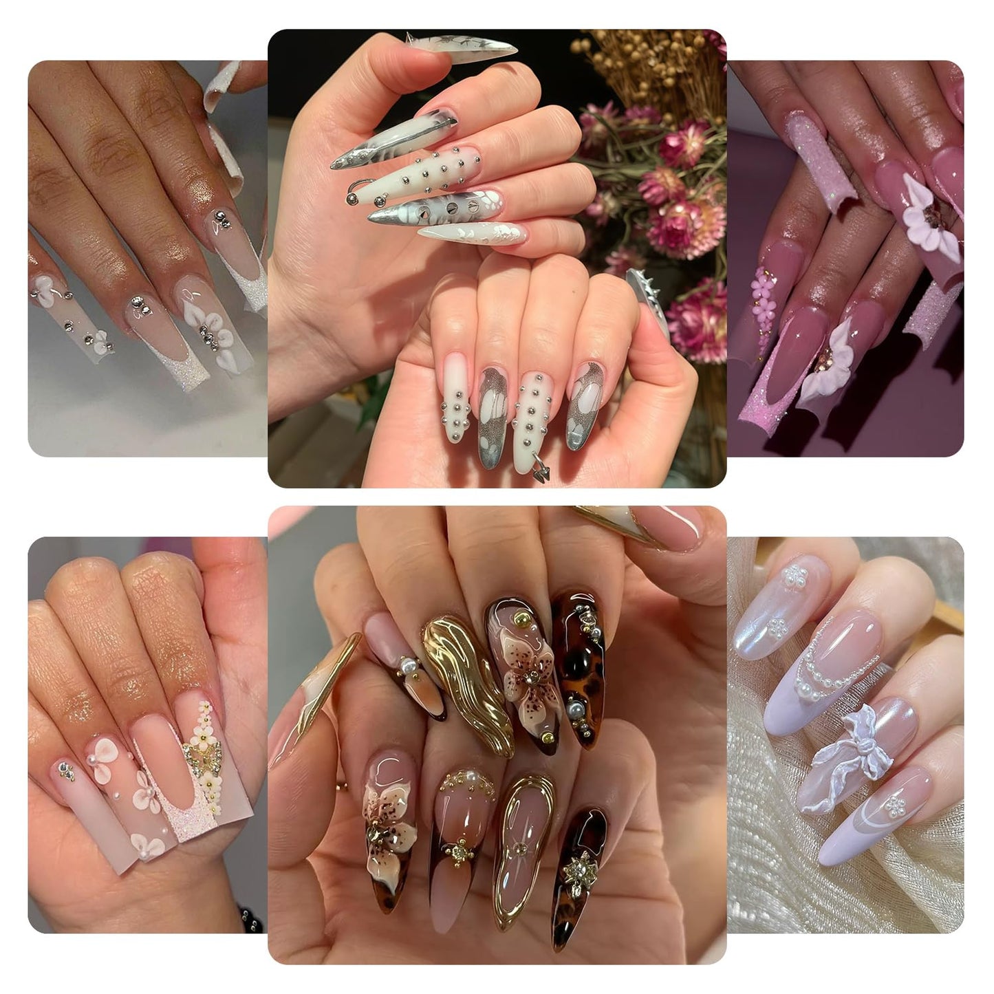 48 Grids Nail Charms Kit with Rhinestones for Nails, 3D Kawaii Bows Flowers Charms for Nails, Metal Star and Moon Bow Nail Art Charms DIY Manicure Art