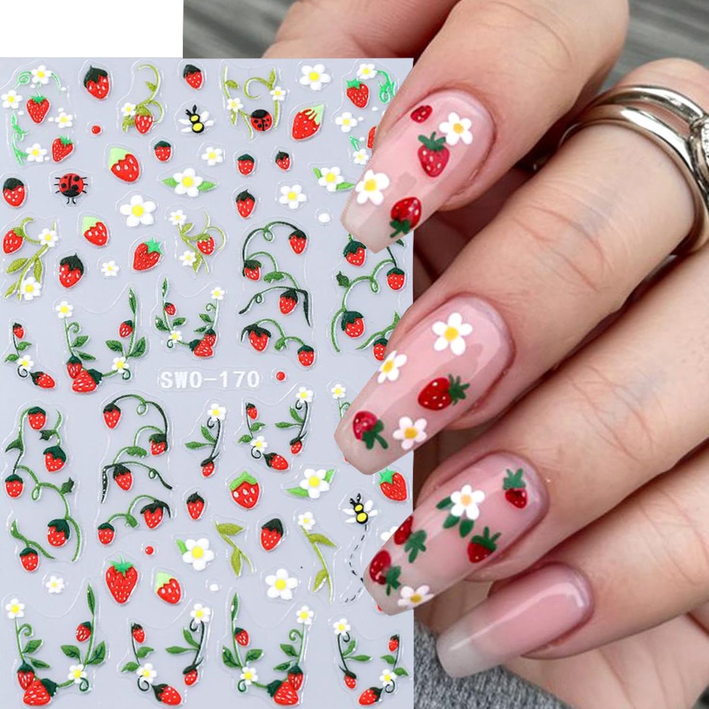 CJDLTS 2 Sheets Strawberry Flower Nail Art Stickers 3D Self -Adhesive Cute Strawberry White Floral Nail Decals Holographic Spring Nails Stickers for Women Summer Acrylic Nails Decoration Supplies