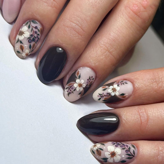 Flower Press on False Nails Spring Fake Nails Medium Oval Glue on Nails with White Flower, Black Solid Designs Glossy Press ons Stick on Nail for Women Manicure 24Pcs