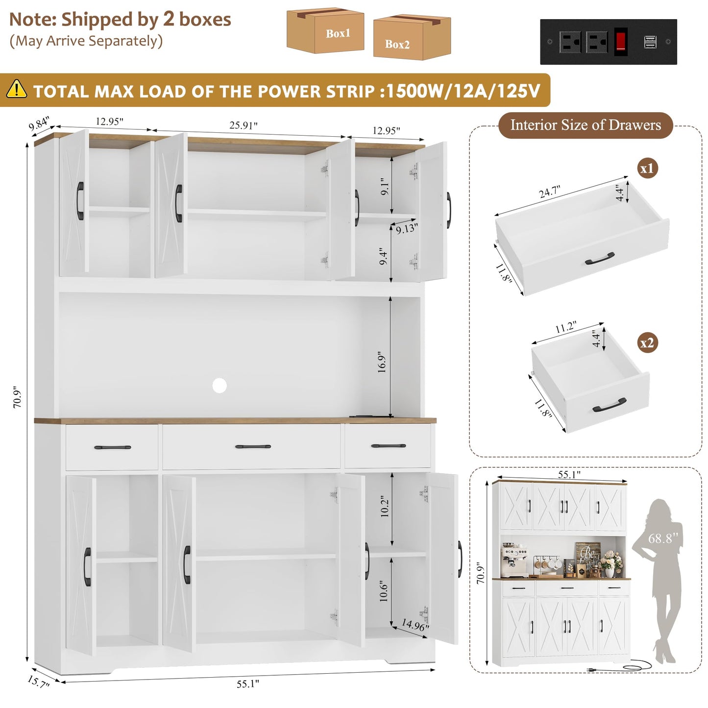 HOSTACK 71" Tall Pantry Cabinet with Charging Station, 55" Wide Kitchen Pantry Storage Cabinet with Countertop, Large Kitchen Hutch with Storage Drawers and Microwave Stand for Dining Room, White