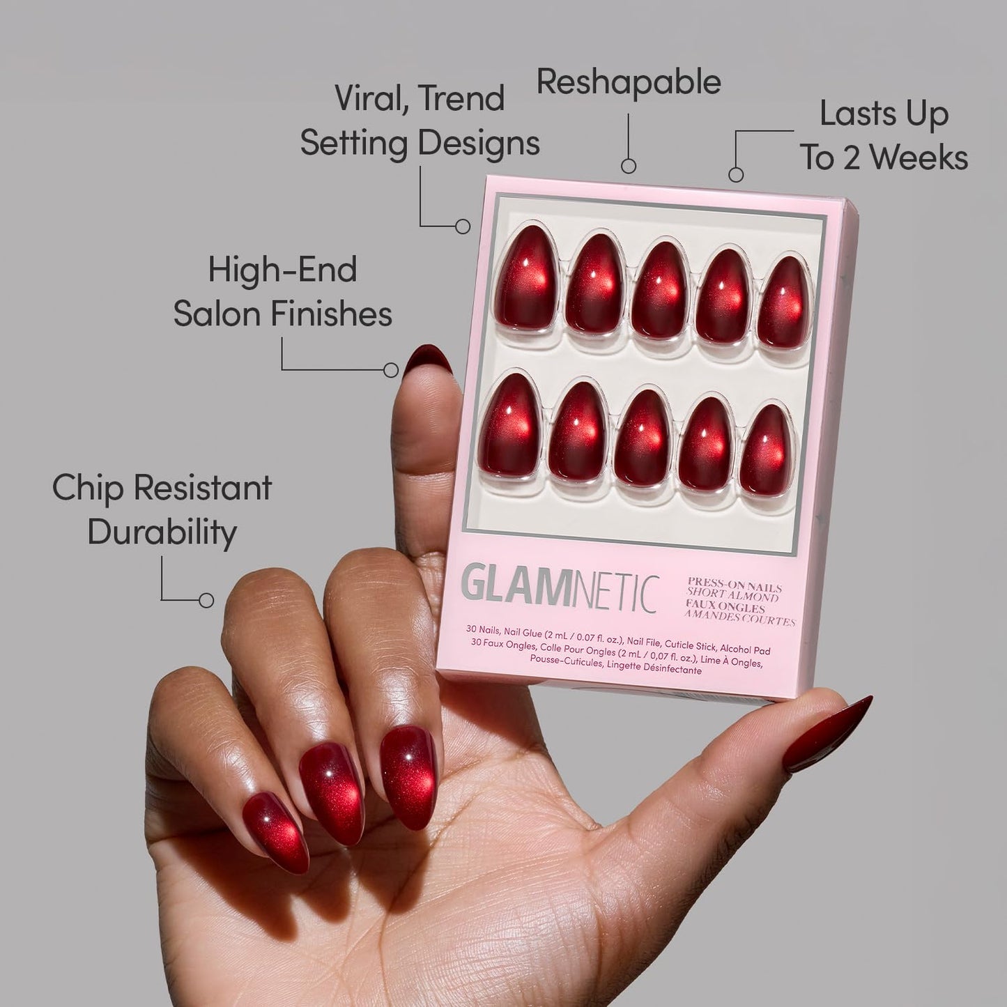 Glamnetic Press-On Nails Bundle - Frosted Cranberry & Sweater Weather | Short Almond Fake Nails in Deep Red with Jelly Finish | Short Almond Fake Nails with White Glitter French Tips & 3D Designs | Du