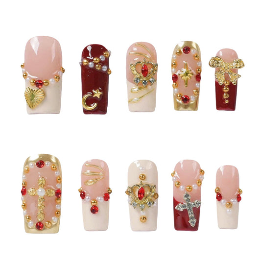 Tesytto Handmade Press on Nails Coffin Shape Glossy Reusable False Nails for Nail Art (Red Gold Classic, S)