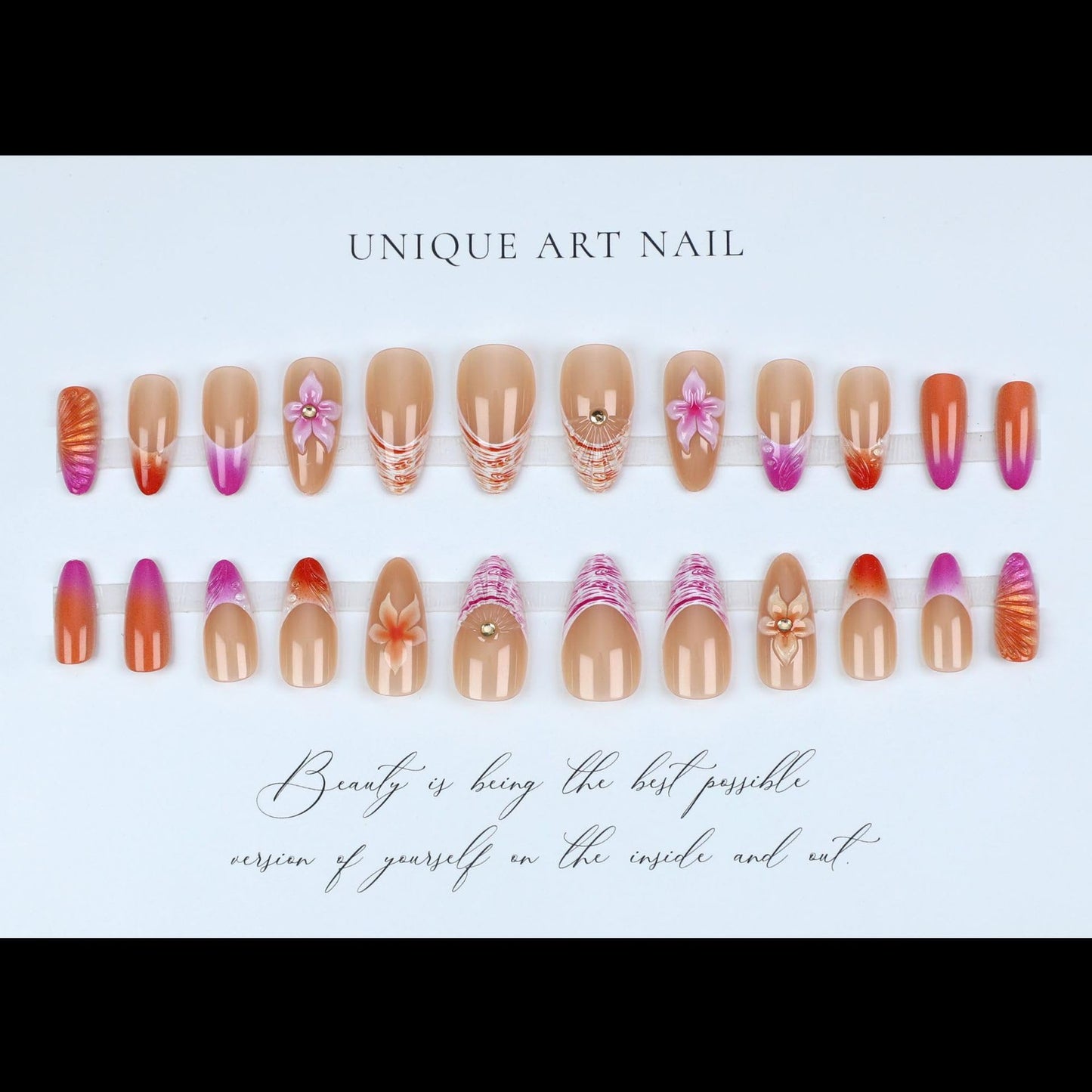 Almond Press on Nails Medium Length 3D Summer Fake Nails with Designs French Tip Nails press ons Embossed Pink Orange Flower False Nail French Manicure Glossy Full Cover Stick on Nails for Women 24PCS