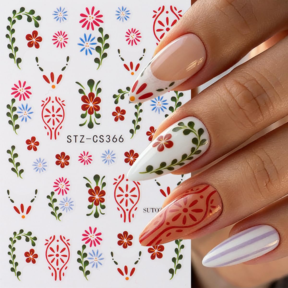 8 Sheets Flower Nail Stickers 3D Self Adhesive Spring Nail Decals Floral Nail Art Stickers with Butterfly Flowers French Lines Design for Women DIY Nail Decor