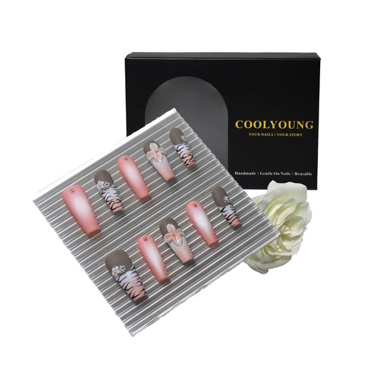 COOLYOUNG Medium Coffin Press On Nails, 3D Nail Art, Infatuation, Floral Press On Nails, Coquette Nails, 10 Pieces Press On Acrylic Nails with 1 Storage Bag and Gel Nail Kit