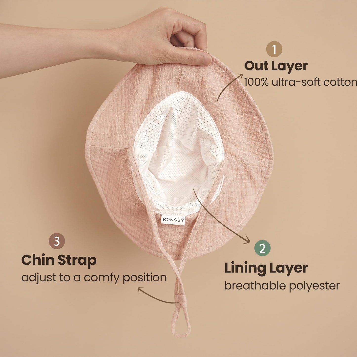 Konssy 2 Pack Muslin Baby Sun Hat UPF 50+ Sun Protection Baby Bucket Hat Summer Beach Hats with Wide Brim for Boys & Girls