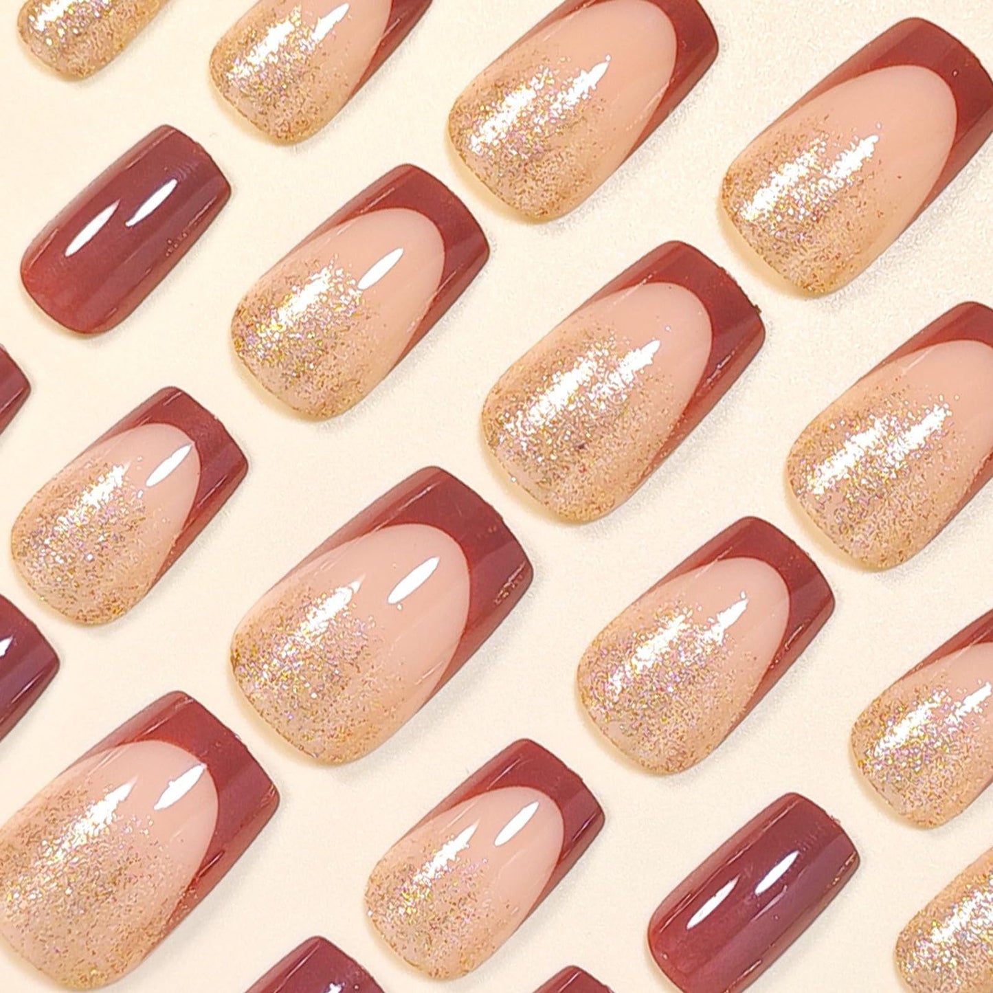 IMSOHOT Brown Press on Nails Short Square Fake Nails Golden Glitter False Nails Glossy Sparkly Autumn Acrylic French Tips Full Cover Glue on Nails for Women Manicure