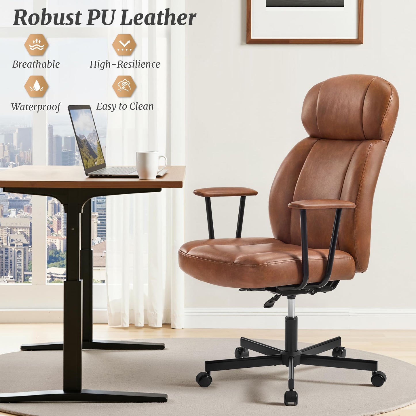 Cozyman High Back Office Desk Chair, Breathable Ergonomic Leather Chair with 5-Layer Seat Cushion with 135°Reclining Lumbar Support Adjustable Height Rolling Swivel Executive Armrests Chair, Brown