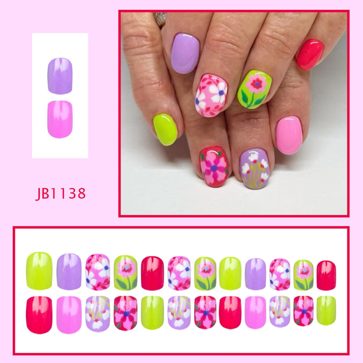 Floral Short Oval Press on Nails Bright Multi-color Base Pink Purple Green Red Floral Accents Glossy Finish Reusable Spring Nails Easy Apply Party Wear Durable Trendy Women Girls Nail Art 24 Pcs