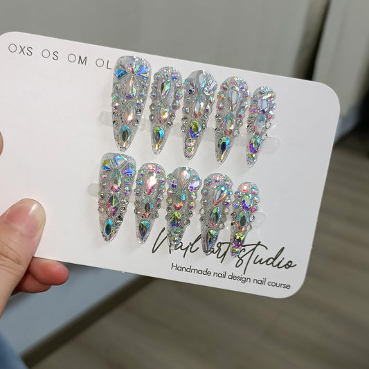 TENPAL 10Pcs Luxury Press On Nails Long Stiletto,Full Cover Crystal Glitter Fake Nail Set with Tools,Reusable Bride Wedding Nails for Bridal Party Bachelorette,Statement Making Glamorous Nail(M)