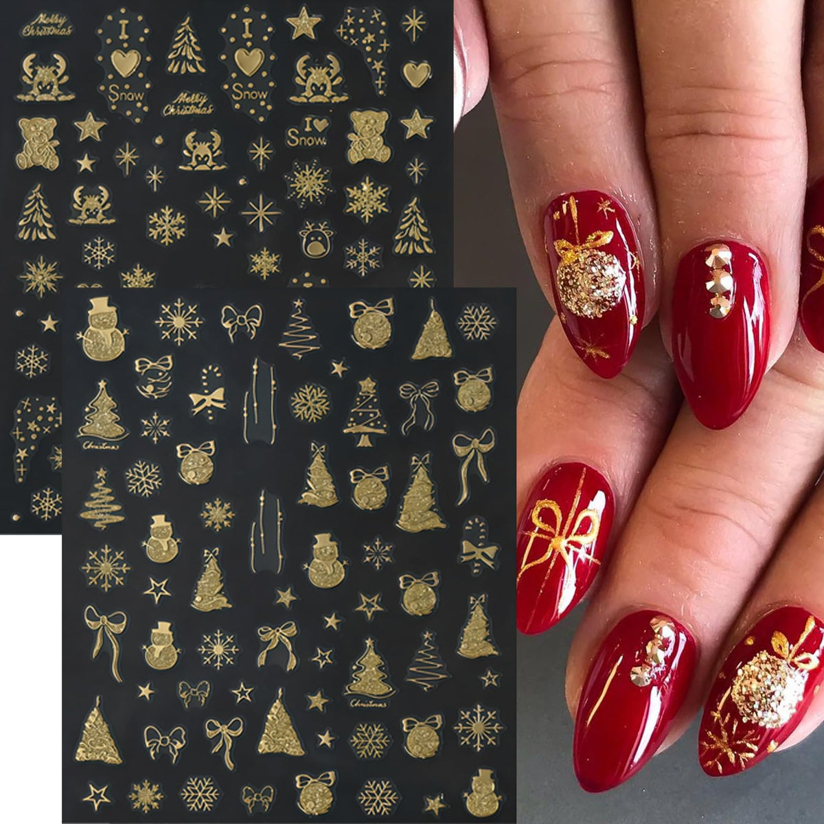 12 Pcs Christmas Nail Stickers Gold Glitter Snowflake Nail Decals Metallic Santa Claus Gingerbread Man Xmas Tree Nail Supplies Christmas Snowmen Nails Supplies for Women Winter Holiday DIY Manicure