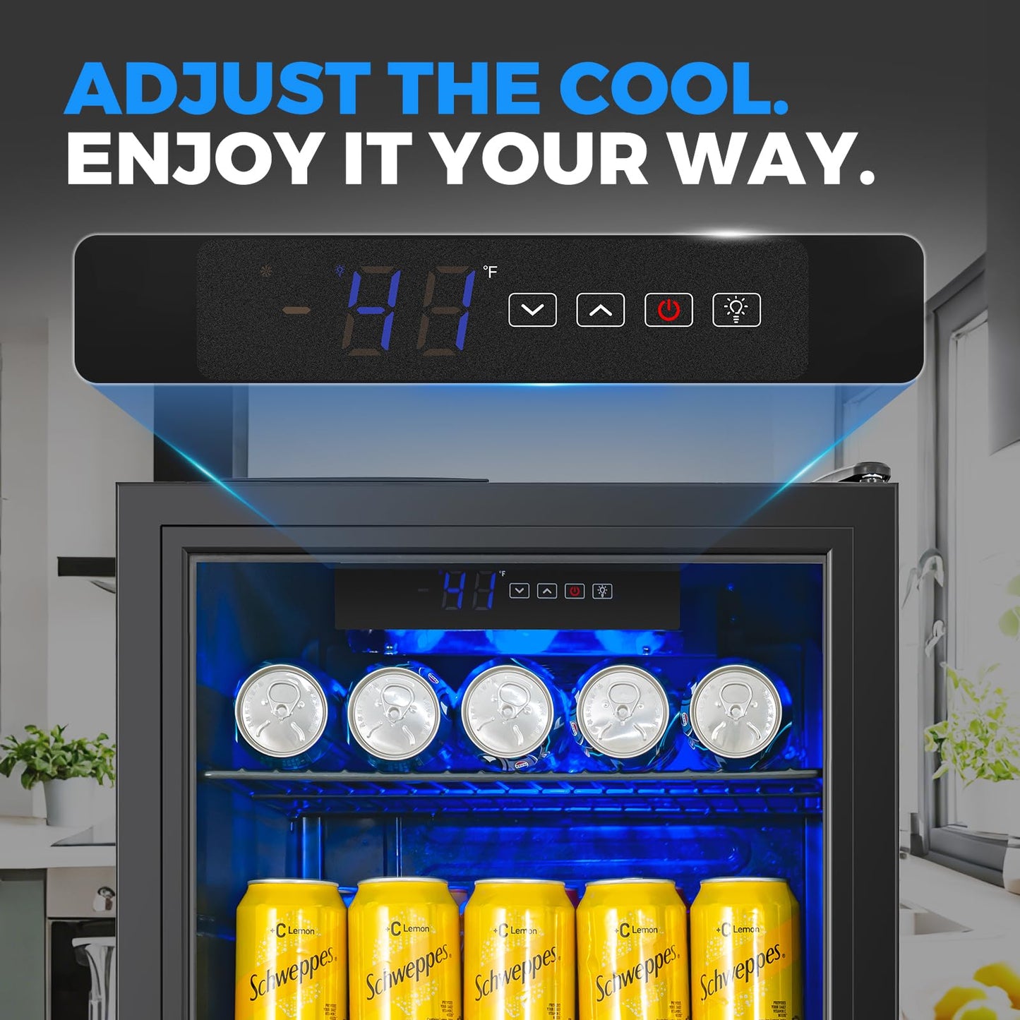 BINGERMA Under Counter Beverage Refrigerator 4.0 Cu.Ft, Glass Door Drink Fridge with Blue LED Light and Adjustable Temperature for Soda, Beer and Cans, Compact Mini Bar for Kitchen and Office