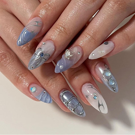 Blue Gradient Press on Nails Medium Almond Fake Nails with 3D Rhinestones Design Charms Nails French Tip Press on Almond Shape Cute Sliver Star Stick on Nails False Nails for Women Daily Wear 24Pcs